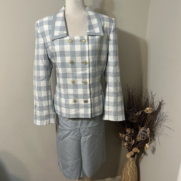 Vtg Kasper For ASL 2pc Skirt Suit Plaid Gray Double Breasted Jacket Lined Sz 14 - Picture 1 of 12